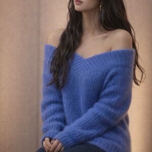 Vintage Rafaella Rabbit Hair Wool Fuzzy Blue V-Neck Offshoulder Knit Sweater S